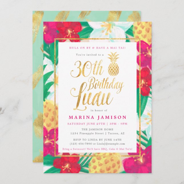 30th Birthday Luau Invitations | Pink & Gold (Front/Back)