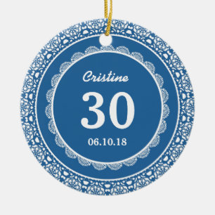 30th Birthday Memento Blue with Lace D02 Ceramic Tree Decoration
