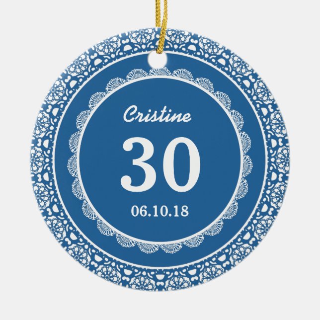 30th Birthday Memento Blue with Lace D02 Ceramic Tree Decoration (Front)