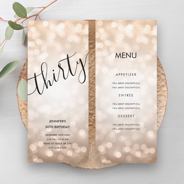30th Birthday Menu Rose Gold Glitter Lights Invitation (30th Birthday Menu Rose Gold Glitter Lights Invitation)