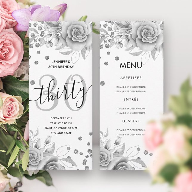 30th Birthday Menu Silver Floral Glitter  Invitation (30th Birthday Menu Silver Floral Glitter Invitation)