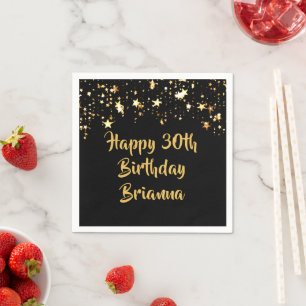 30th Birthday Modern Black Gold Stars Name Napkin