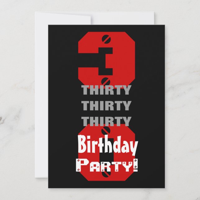 30th Birthday Modern Black Red White Rivets B474 Invitation (Front)