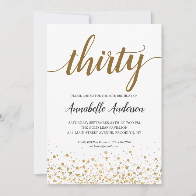 30th Birthday Modern Gold Confetti Dots Script Invitation (Front)