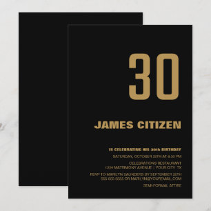 30th Birthday Modern Minimalist Black Gold Party I Invitation