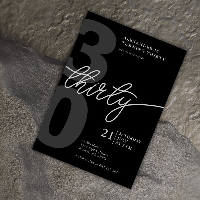 30th Birthday Modern Minimalist Black Grey Invitation (Creator Uploaded)