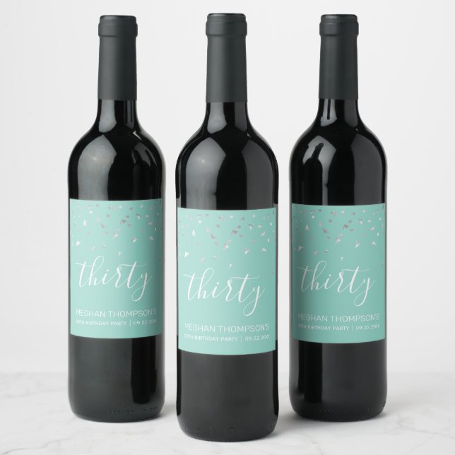30th Birthday Modern Mint Green Silver Confetti Wine Label (Bottles)