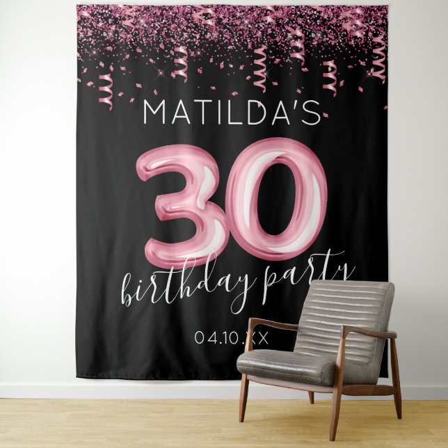 30th Birthday Modern Pink Photo Backdrop Tapestry (In Situ)