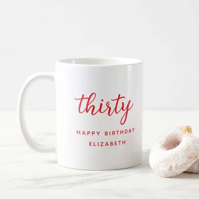 30th Birthday Modern Red Personalised Gift Coffee Mug (With Donut)