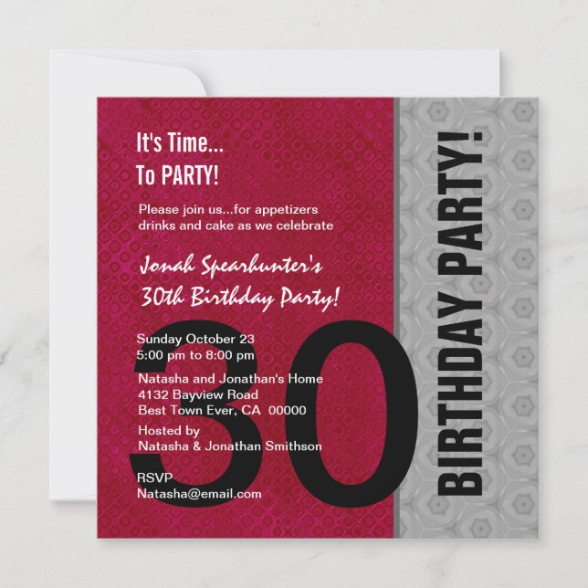 30th Birthday Modern Red Silver Black W1480 Invitation (Front)