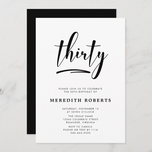  30th Birthday Modern Simple Elegant Party Invitation (Front/Back)