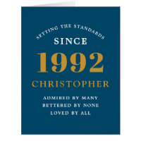 30th Birthday Name 1992 Blue Gold Elegant Card