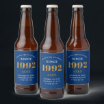 30th Birthday Name 1992 Blue Gold Elegant Chic Beer Bottle Label<br><div class="desc">A personalised elegant beer label that is easy to customise for that special occasion.</div>