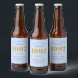 30th Birthday Name 1992 Blue Grey Elegant Chic Beer Bottle Label<br><div class="desc">A personalised elegant beer label that is easy to customise for that special occasion.</div>