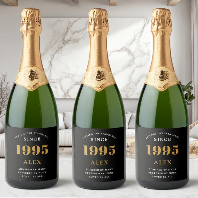 30th Birthday Name 1995 Black Gold Elegant Chic Sparkling Wine Label (30th birthday Custom sparkling wine labels on 3 bottles in a modern room. )