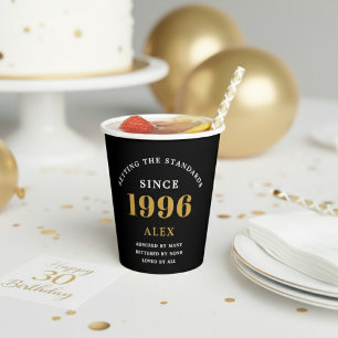 30th Birthday Name 1996 Black Gold Elegant Chic Paper Cups