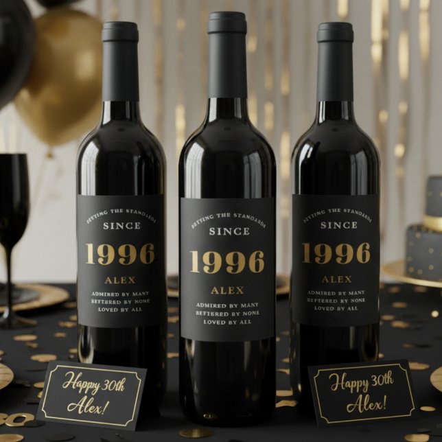 30th Birthday Name 1996 Black Gold Elegant Chic Wine Label (1996 wine bottle labels)