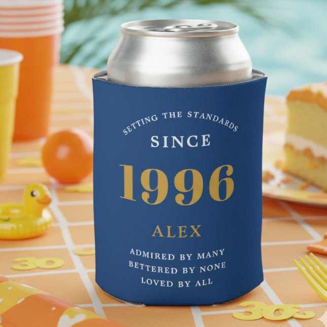 30th Birthday Name 1996 Blue Gold Elegant Chic Can Cooler (1996 can cooler on with an orange background.)