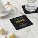 30th Birthday Name 1996 Year Black Gold Custom Square Paper Coaster<br><div class="desc">Premium 30th Birthday Black and Gold Personalized Paper Coasters - Celebration Elegance. Celebrate a milestone birthday in style with our chic, premium-quality, 30th Birthday paper coasters. Exquisitely designed with a striking black and gold color scheme, these coasters add a touch of luxury and sophistication to any 30th birthday bash. Express...</div>