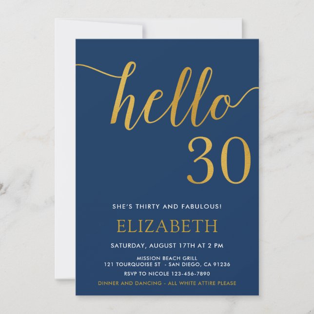 30th Birthday Navy and Gold Hello 30 Invitation (Front)
