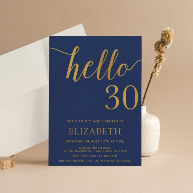 30th Birthday Navy and Gold Hello 30 Invitation (Creator Uploaded)