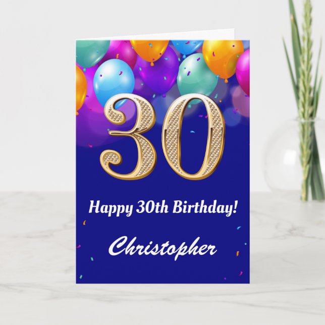 30th Birthday Navy Blue and Gold Colourful Balloon Card (Front)