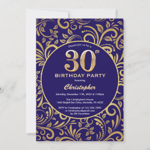 30th Birthday Navy Blue and Gold Floral Pattern Invitation