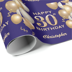 30th Birthday Navy Blue and Gold Glitter Balloons Wrapping Paper