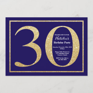 30th Birthday Navy Blue and Gold Glitter Invitation