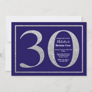 30th Birthday Navy Blue and Silver Glitter Invitation