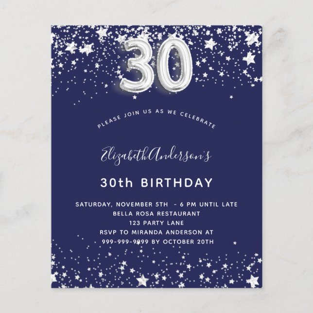 30th birthday navy blue silver budget invitation flyer (Front)