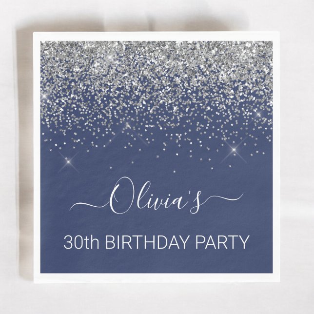 30th Birthday Navy Blue Silver Glitter Any Age Napkin (Creator Uploaded)
