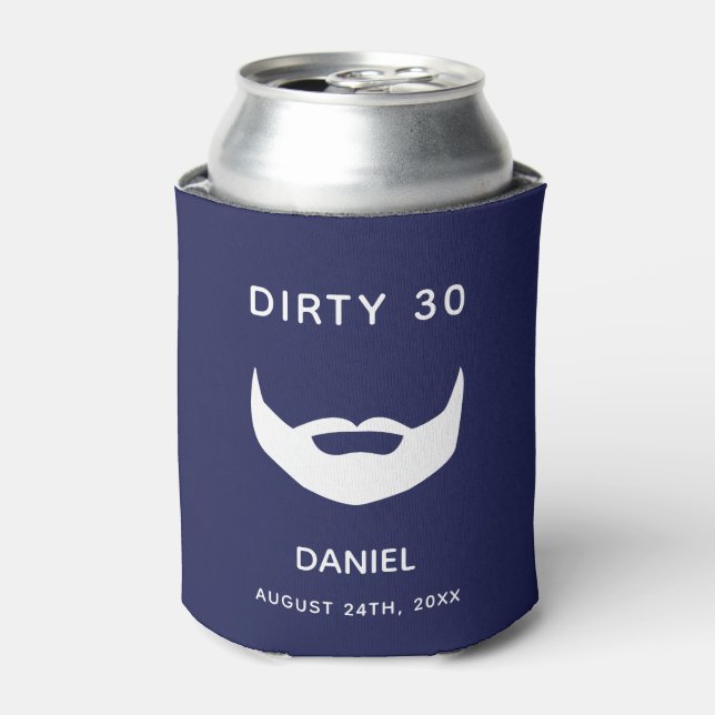 30th birthday navy blue white beard men fun can cooler (Can Front)