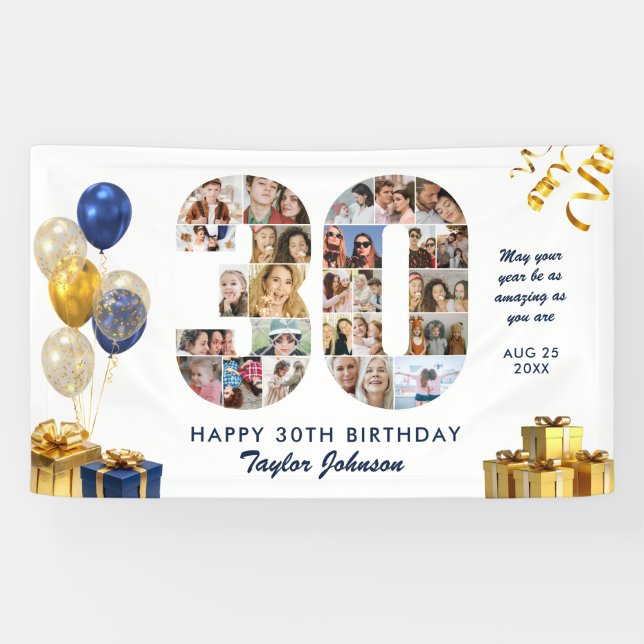 30th Birthday Number 30 Photo Collage White Gold Banner (Horizontal)