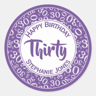 30th Birthday Number Pattern Purple/White 30 Classic Round Sticker