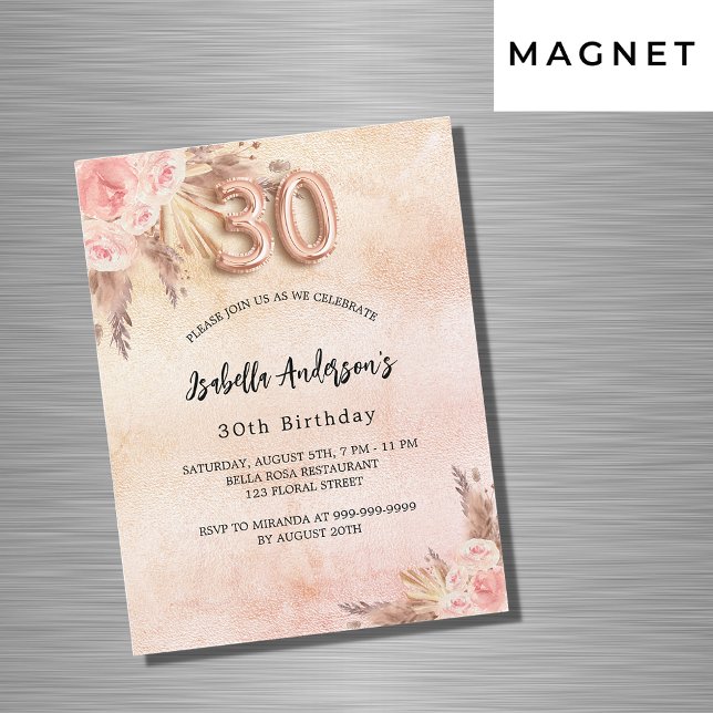 30th birthday pampas grass rose gold flower luxury magnetic invitation (Creator Uploaded)