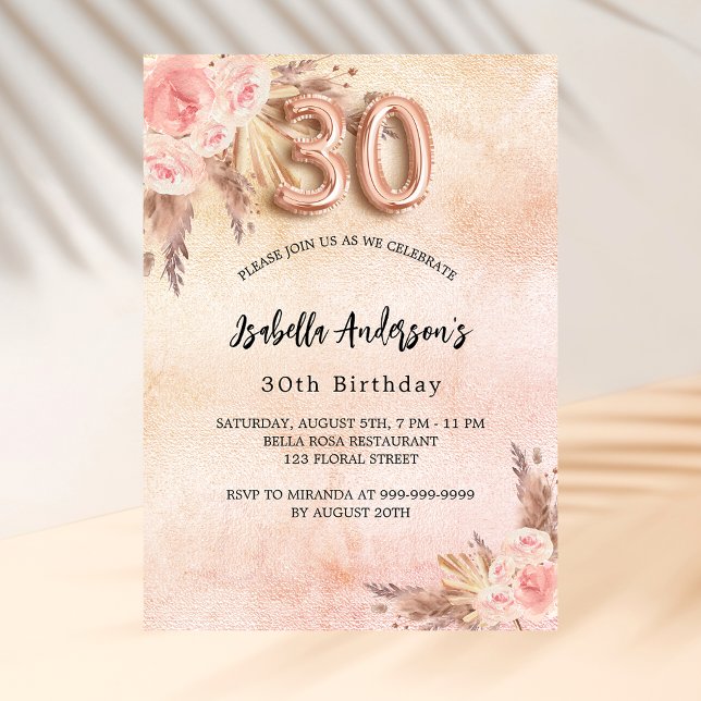 30th birthday pampas grass rose gold flowers invitation postcard (Creator Uploaded)