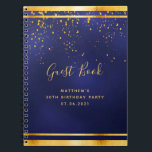 30th Birthday Party 30 dark blue gold guest book<br><div class="desc">A 30th Birthday Party informal Guest Book for him, boy, guy in dark blue, navy blue background. The blue color is uneven. With a faux gold frame and golden confetti sprinkle, golden colored letters. The title Guest Book is written with modern hand lettered style script. Template for a name, age...</div>