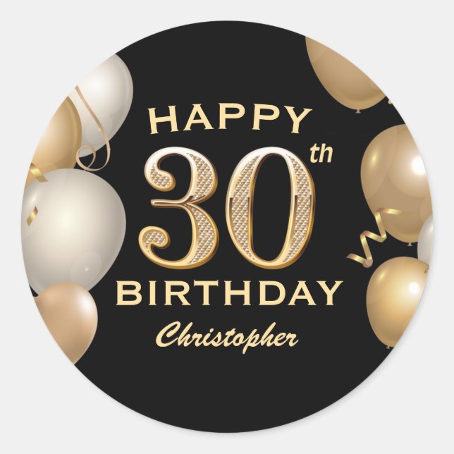30th Birthday Party Black and Gold Balloons Classic Round Sticker (Front)