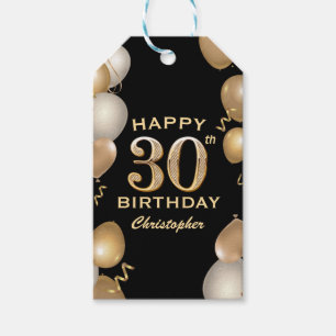 30th Birthday Party Black and Gold Balloons Gift Tags