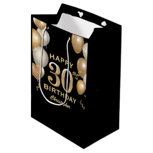 30th Birthday Party Black and Gold Balloons Medium Gift Bag