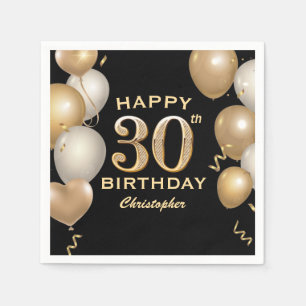 30th Birthday Party Black and Gold Balloons Napkin