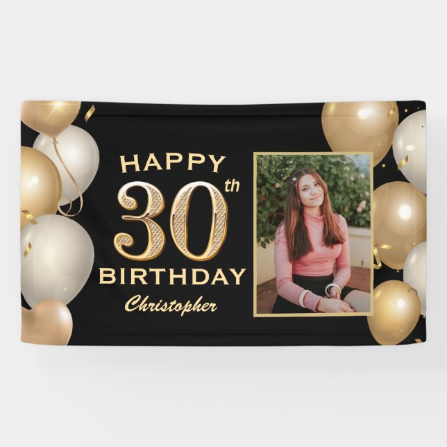 30th Birthday Party Black and Gold Balloons Photo Banner (Horizontal)
