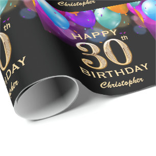 30th Birthday Party Black and Gold Balloons Wrapping Paper