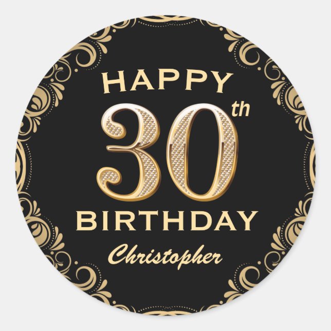 30th Birthday Party Black and Gold Glitter Frame Classic Round Sticker (Front)