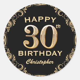 30th Birthday Party Black and Gold Glitter Frame Classic Round Sticker