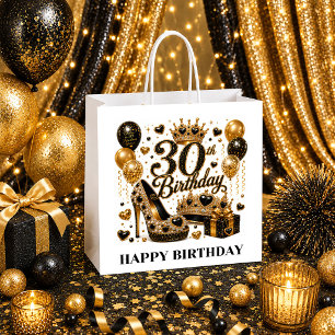 30th Birthday Party Black and Gold Gold Glitter Lu Large Gift Bag