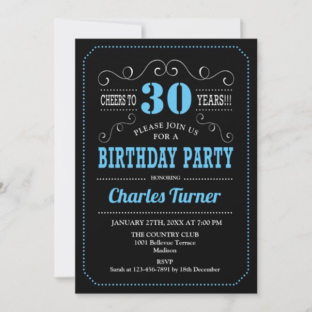 30th Birthday Party - Black Blue Invitation (Front)
