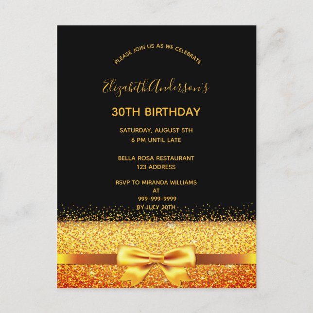 30th birthday party black gold bow invitation postcard (Front)