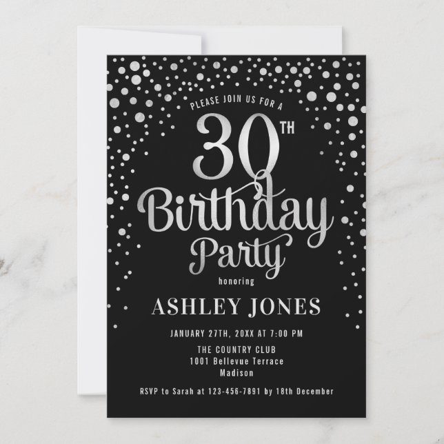 30th Birthday Party - Black & Silver Invitation (Front)